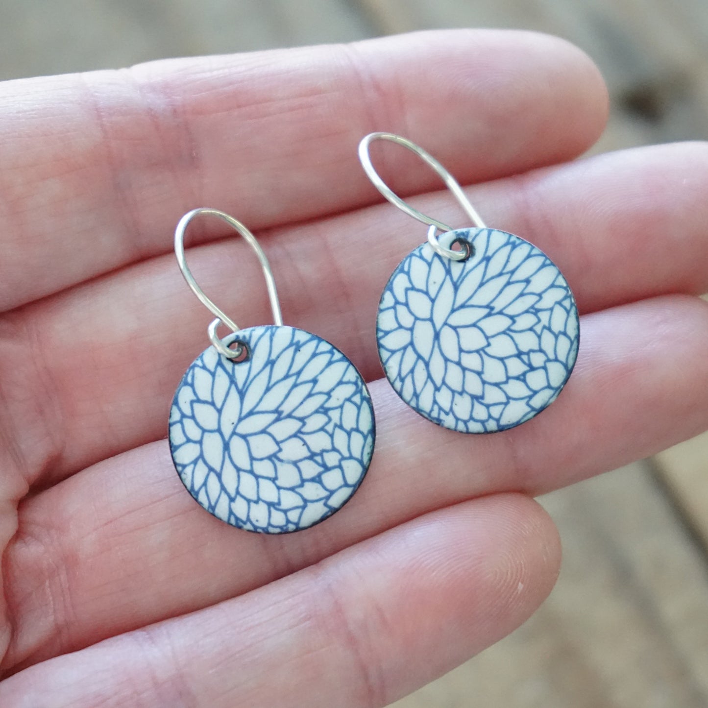 Blue Flower Accents on White Enamel Disc Earrings