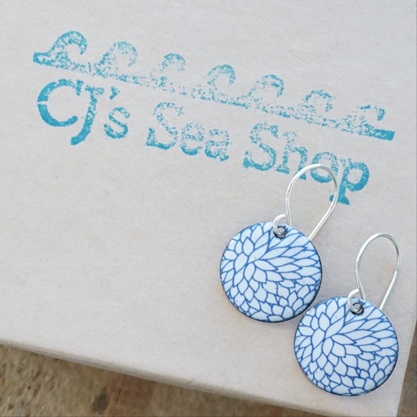 Blue Flower Accents on White Enamel Disc Earrings