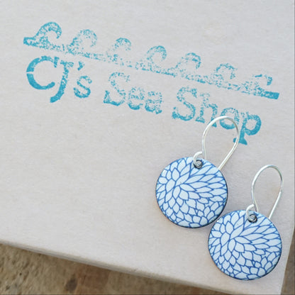 Blue Flower Accents on White Enamel Disc Earrings
