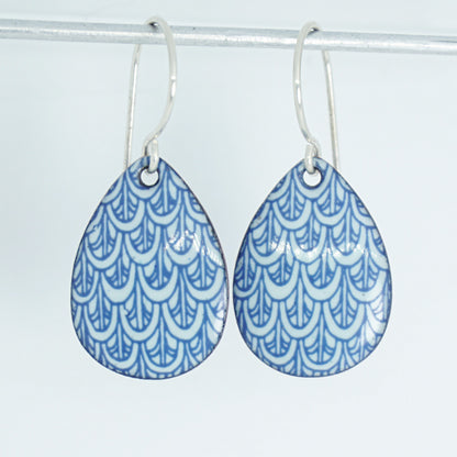 Blue Mermaid Scale Accents on Light Seafoam Green Enamel Teardrop Earrings