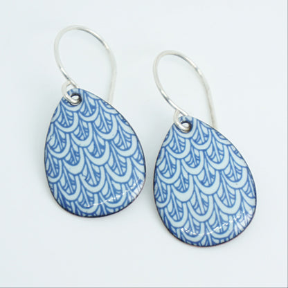 Blue Mermaid Scale Accents on Light Seafoam Green Enamel Teardrop Earrings