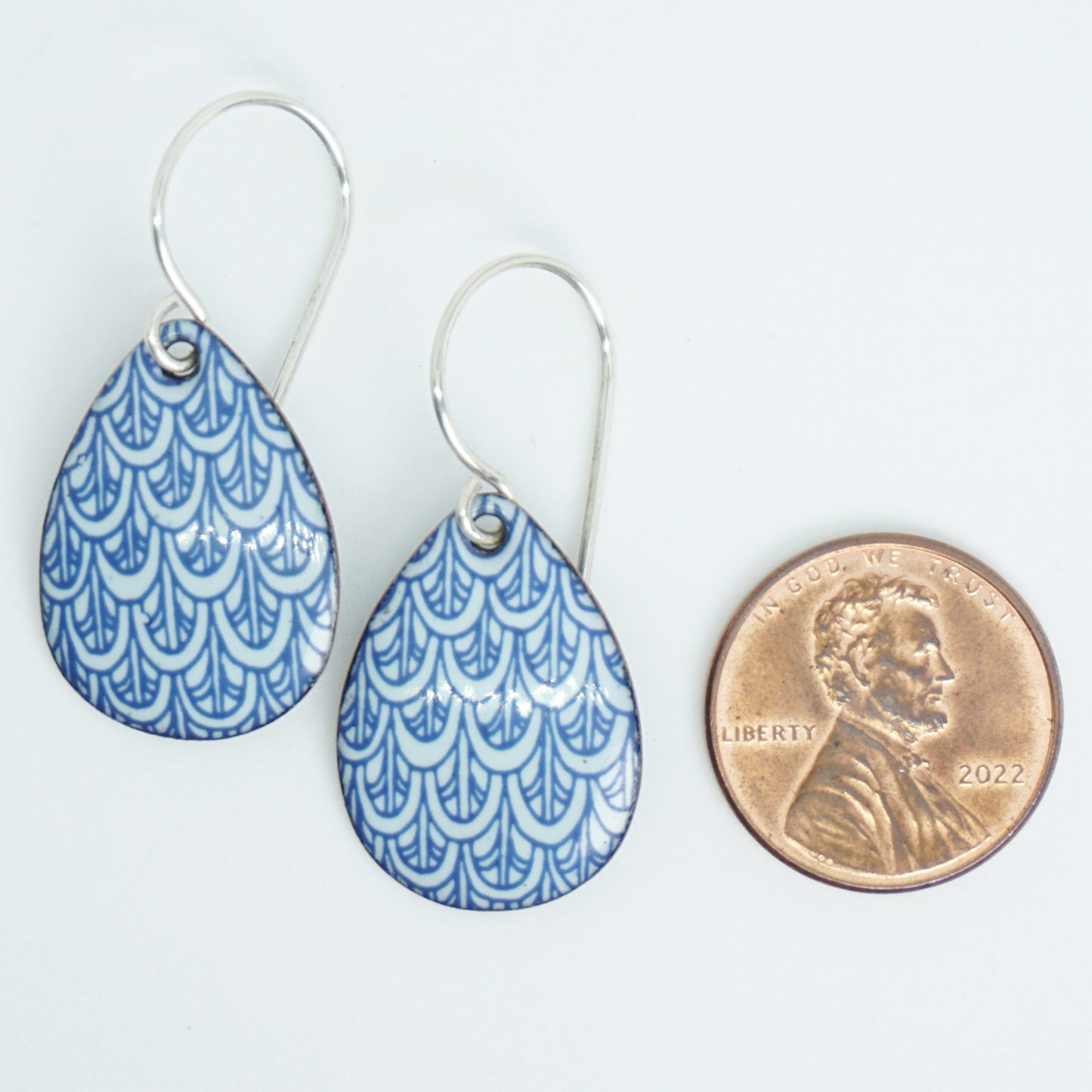 Blue Mermaid Scale Accents on Light Seafoam Green Enamel Teardrop Earrings