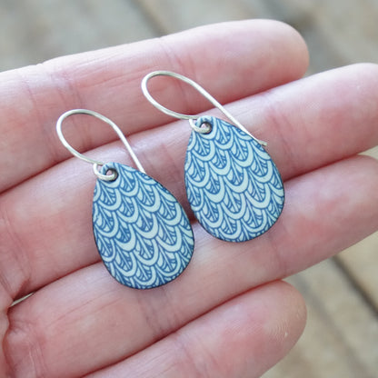 Blue Mermaid Scale Accents on Light Seafoam Green Enamel Teardrop Earrings