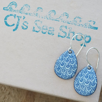 Blue Mermaid Scale Accents on Light Seafoam Green Enamel Teardrop Earrings