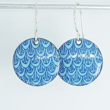 Blue Mermaid Scale Accents on Light Blue Enamel Disc Earrings