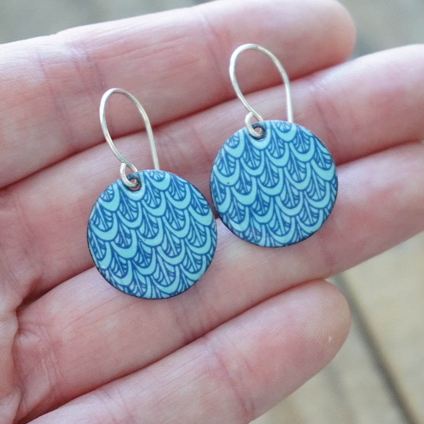 Blue Mermaid Scale Accents on Light Blue Enamel Disc Earrings
