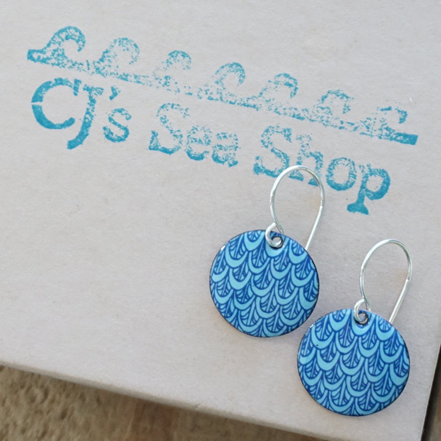 Blue Mermaid Scale Accents on Light Blue Enamel Disc Earrings
