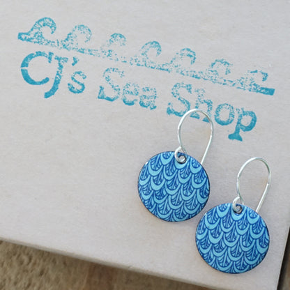 Blue Mermaid Scale Accents on Light Blue Enamel Disc Earrings