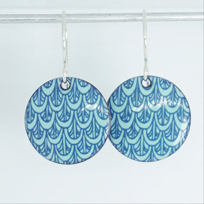 Blue Mermaid Scale Accents on Seafoam Green Enamel Disc Earrings