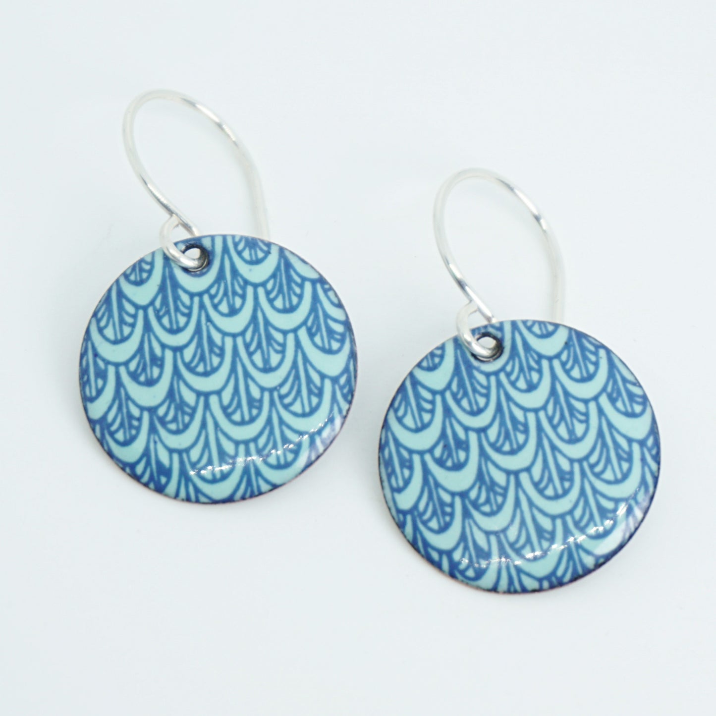 Blue Mermaid Scale Accents on Seafoam Green Enamel Disc Earrings