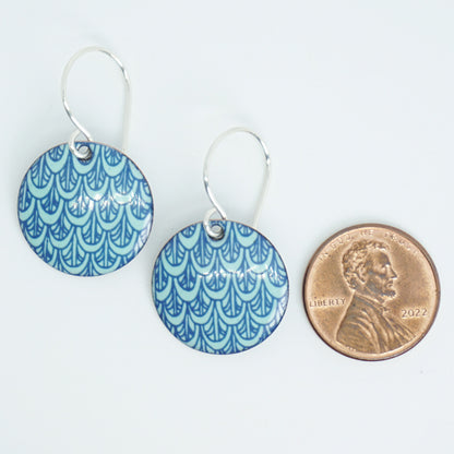 Blue Mermaid Scale Accents on Seafoam Green Enamel Disc Earrings