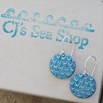 Blue Mermaid Scale Accents on Seafoam Green Enamel Disc Earrings
