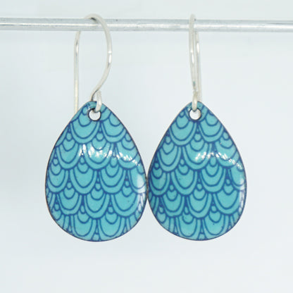Blue Mermaid Scale Accents on Light Teal Green Enamel Teardrop Earrings