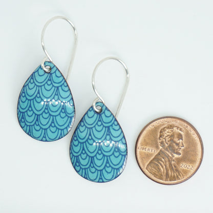 Blue Mermaid Scale Accents on Light Teal Green Enamel Teardrop Earrings