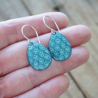 Blue Mermaid Scale Accents on Light Teal Green Enamel Teardrop Earrings