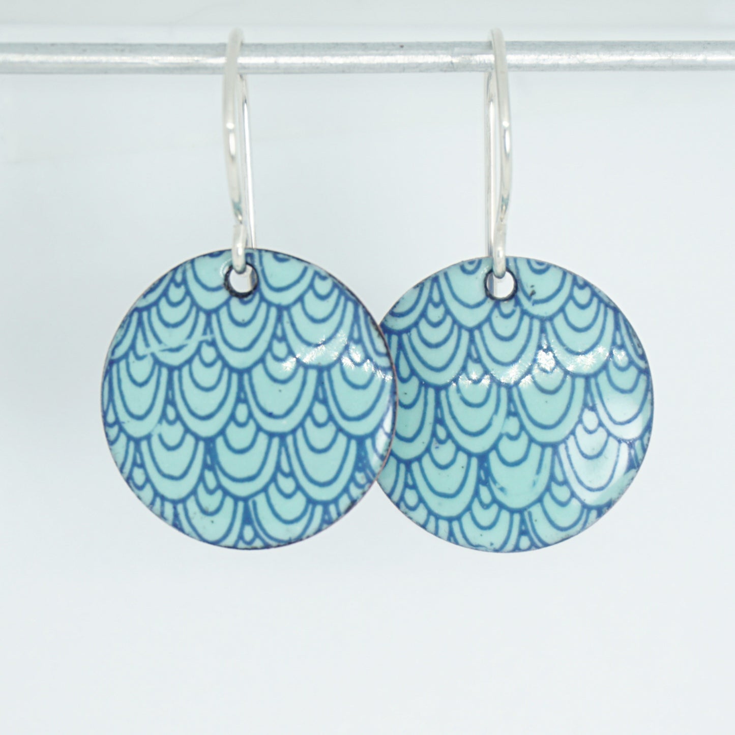 Blue Mermaid Scale Accents on Seafoam Green Enamel Disc Earrings