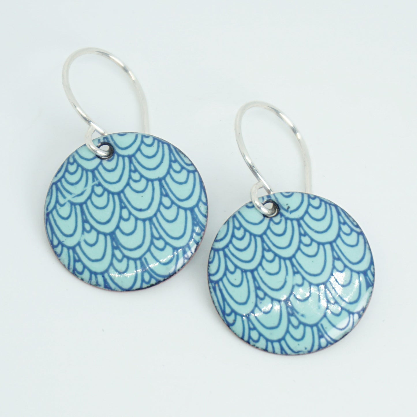 Blue Mermaid Scale Accents on Seafoam Green Enamel Disc Earrings