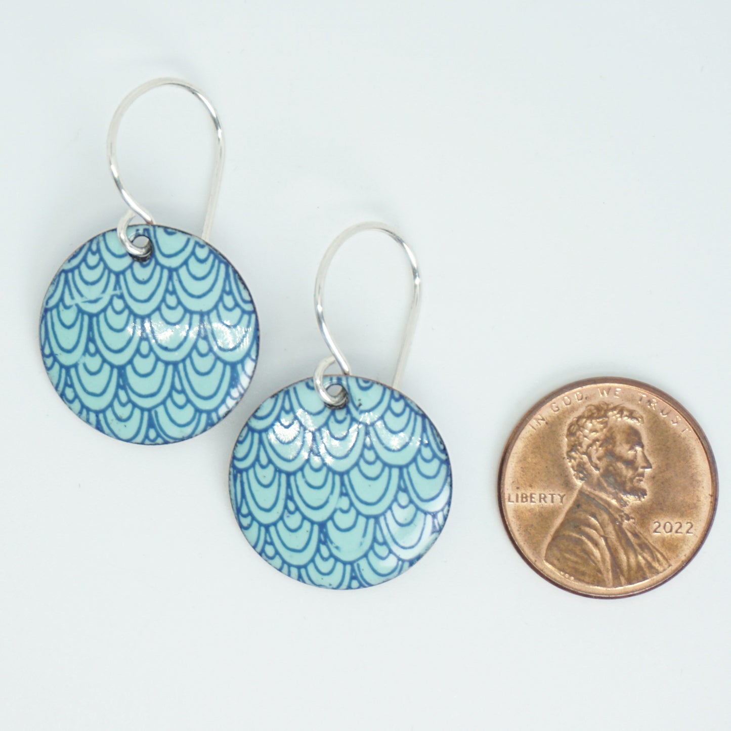 Blue Mermaid Scale Accents on Seafoam Green Enamel Disc Earrings
