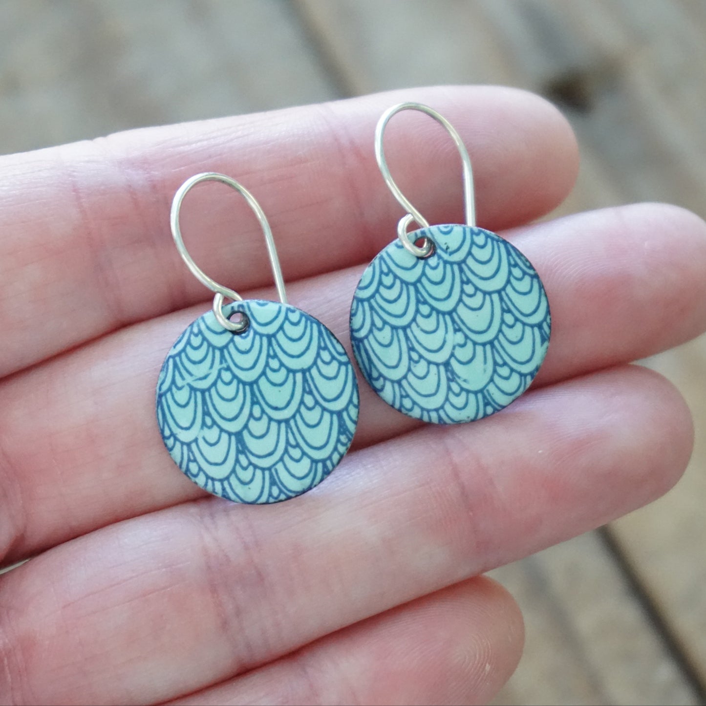 Blue Mermaid Scale Accents on Seafoam Green Enamel Disc Earrings