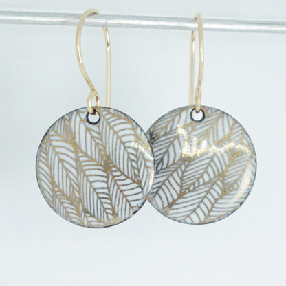 Gold Leaf Accents on White Enamel Disc Earrings