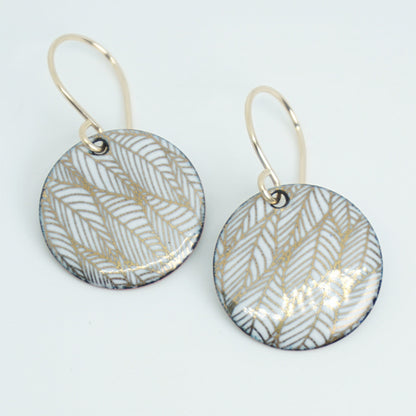 Gold Leaf Accents on White Enamel Disc Earrings
