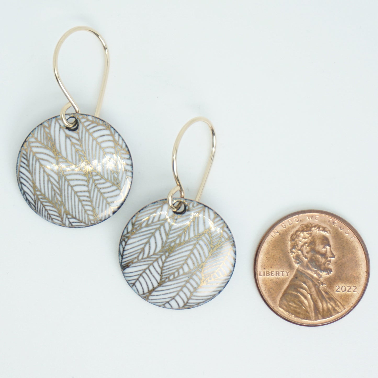 Gold Leaf Accents on White Enamel Disc Earrings