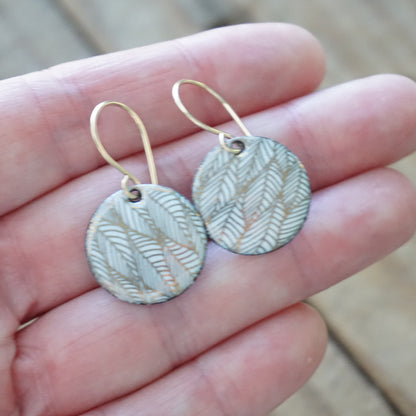 Gold Leaf Accents on White Enamel Disc Earrings