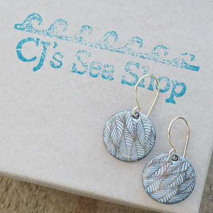 Gold Leaf Accents on White Enamel Disc Earrings