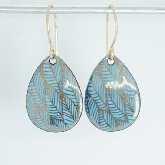 Gold Leaf Accents on Light Blue Enamel Teardrop Earrings