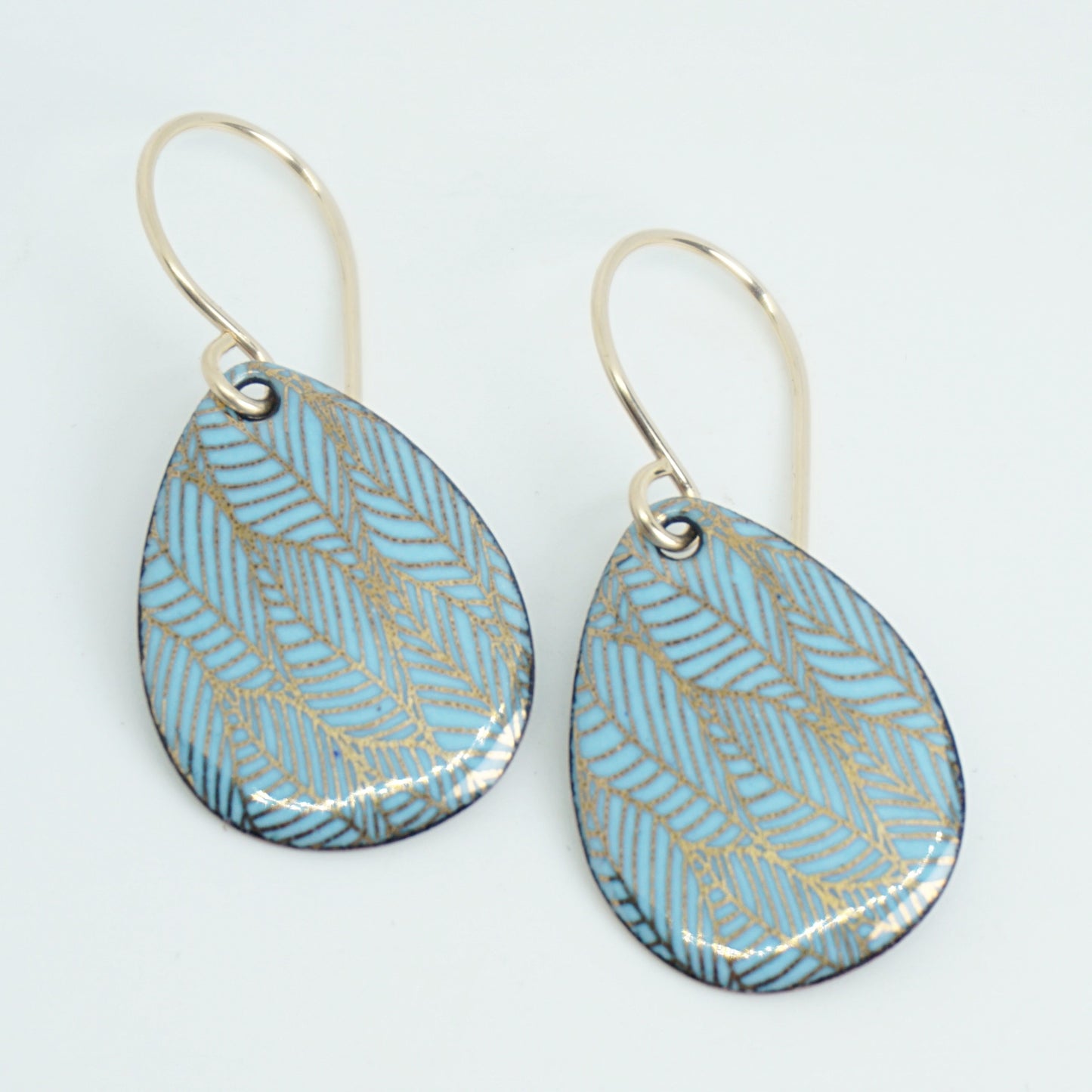 Gold Leaf Accents on Light Blue Enamel Teardrop Earrings