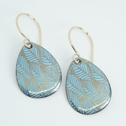 Gold Leaf Accents on Light Blue Enamel Teardrop Earrings