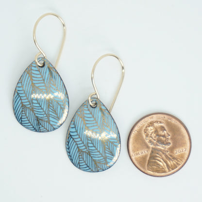 Gold Leaf Accents on Light Blue Enamel Teardrop Earrings