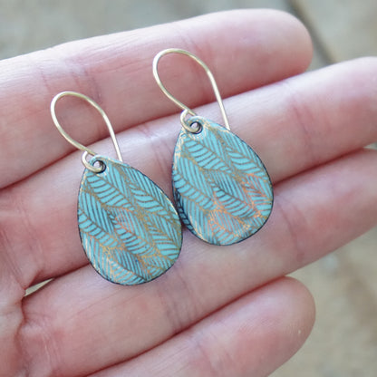 Gold Leaf Accents on Light Blue Enamel Teardrop Earrings
