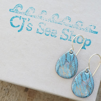 Gold Leaf Accents on Light Blue Enamel Teardrop Earrings