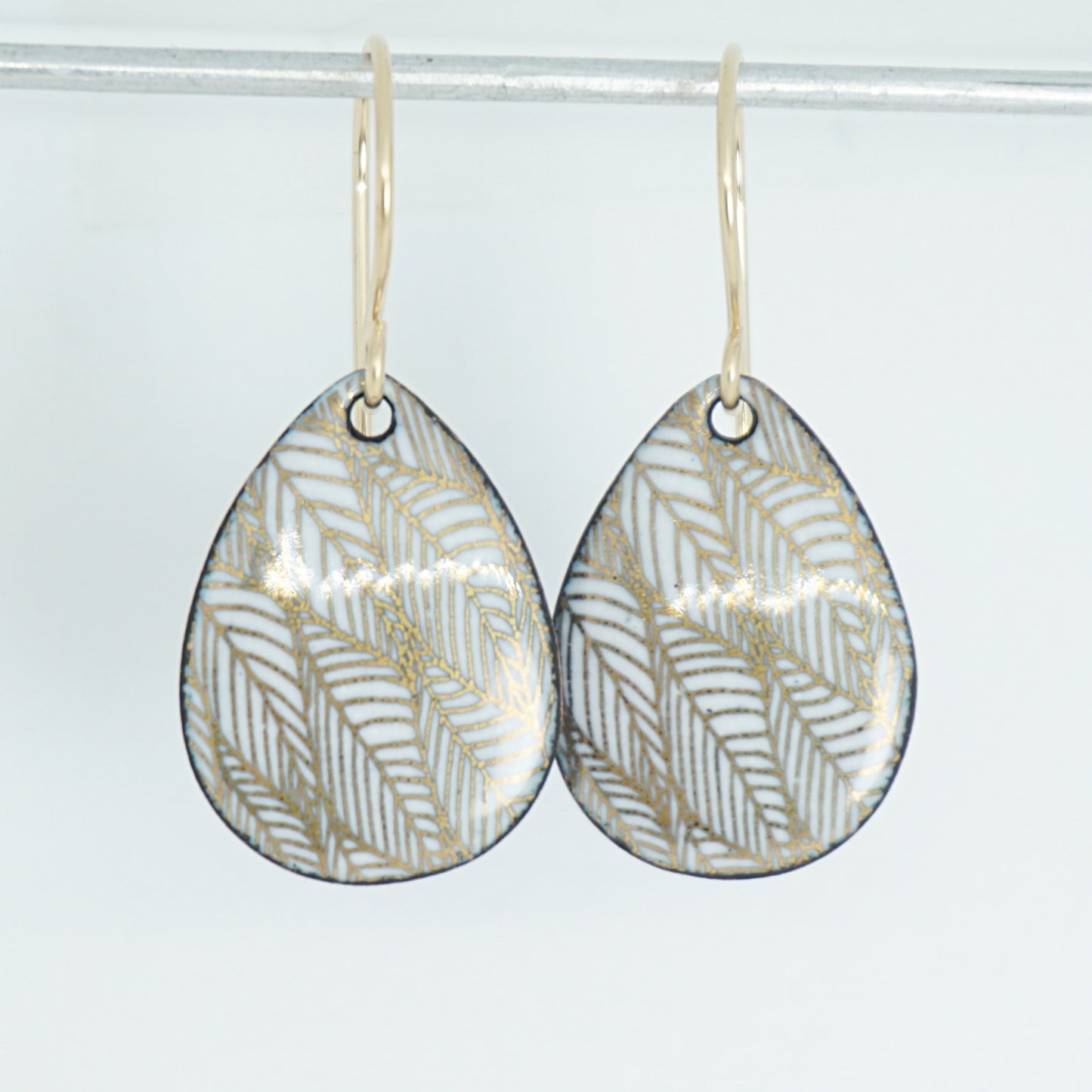 Gold Leaf Accents on White Enamel Teardrop Earrings
