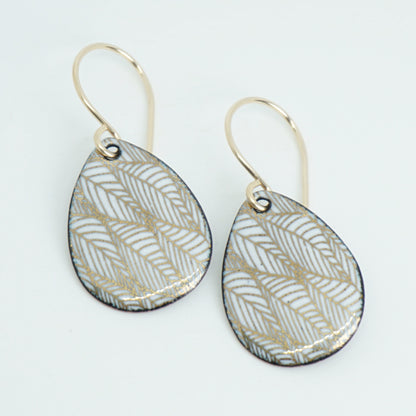 Gold Leaf Accents on White Enamel Teardrop Earrings