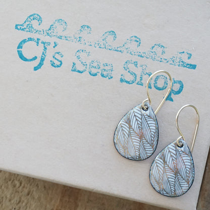 Gold Leaf Accents on White Enamel Teardrop Earrings