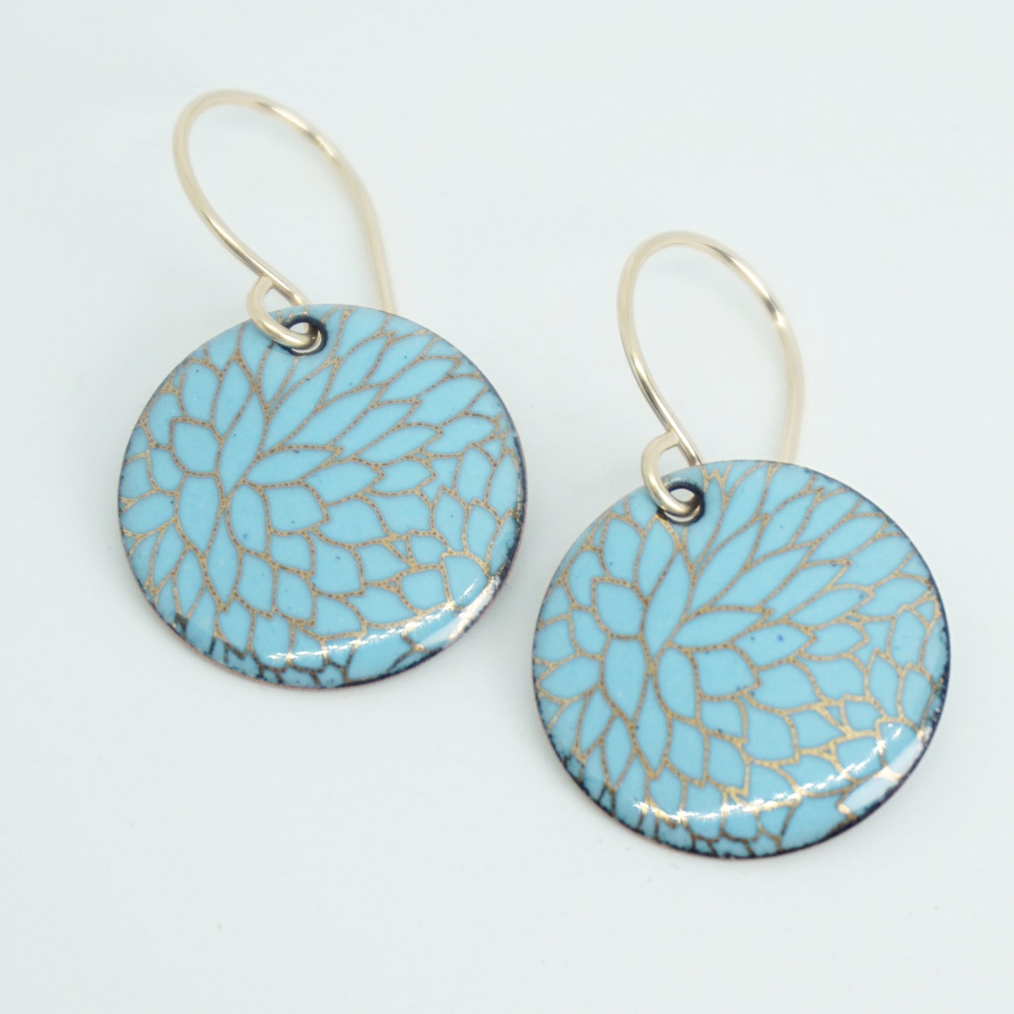 Gold Flower Accents on Light Blue Enamel Disc Earrings