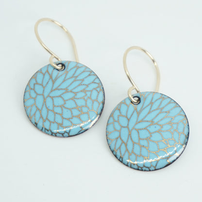 Gold Flower Accents on Light Blue Enamel Disc Earrings