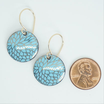 Gold Flower Accents on Light Blue Enamel Disc Earrings