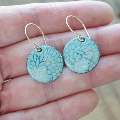 Gold Flower Accents on Light Blue Enamel Disc Earrings