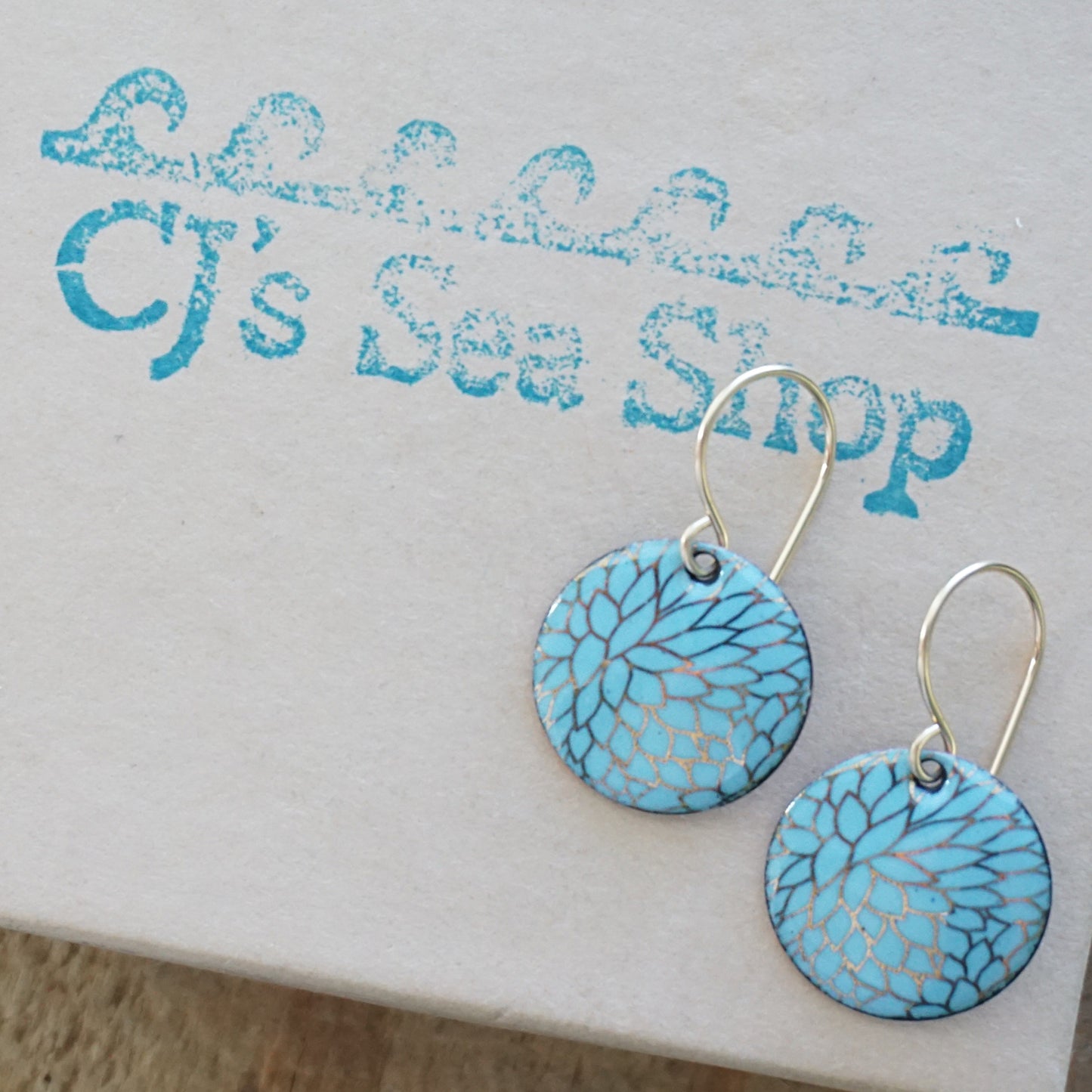 Gold Flower Accents on Light Blue Enamel Disc Earrings