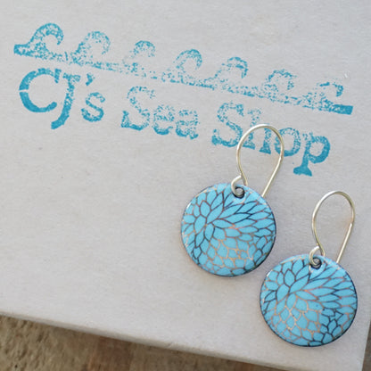 Gold Flower Accents on Light Blue Enamel Disc Earrings