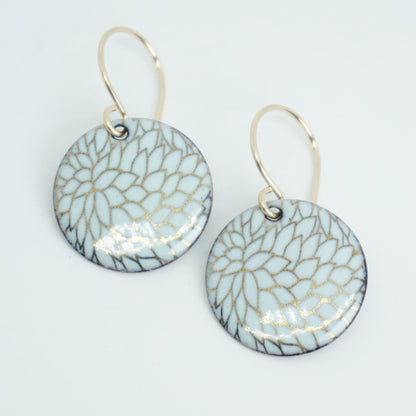 Gold Flower Accents on Light Seafoam Green Enamel Disc Earrings