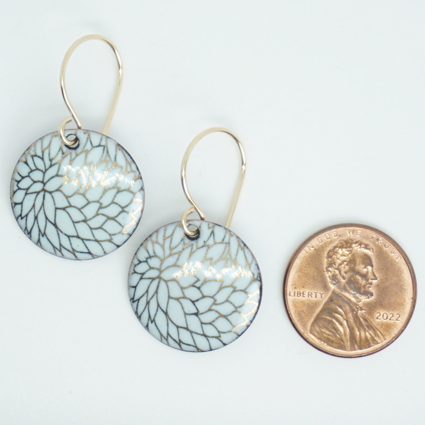 Gold Flower Accents on Light Seafoam Green Enamel Disc Earrings