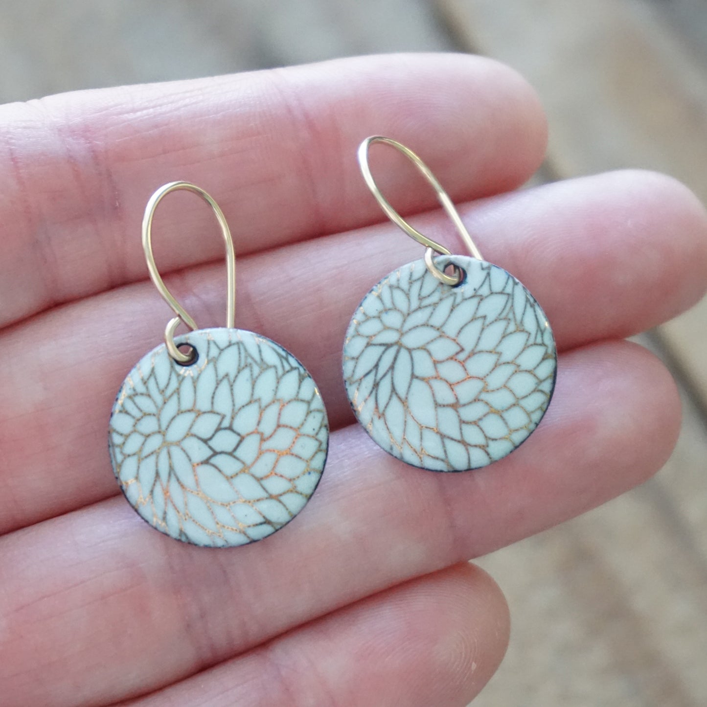 Gold Flower Accents on Light Seafoam Green Enamel Disc Earrings