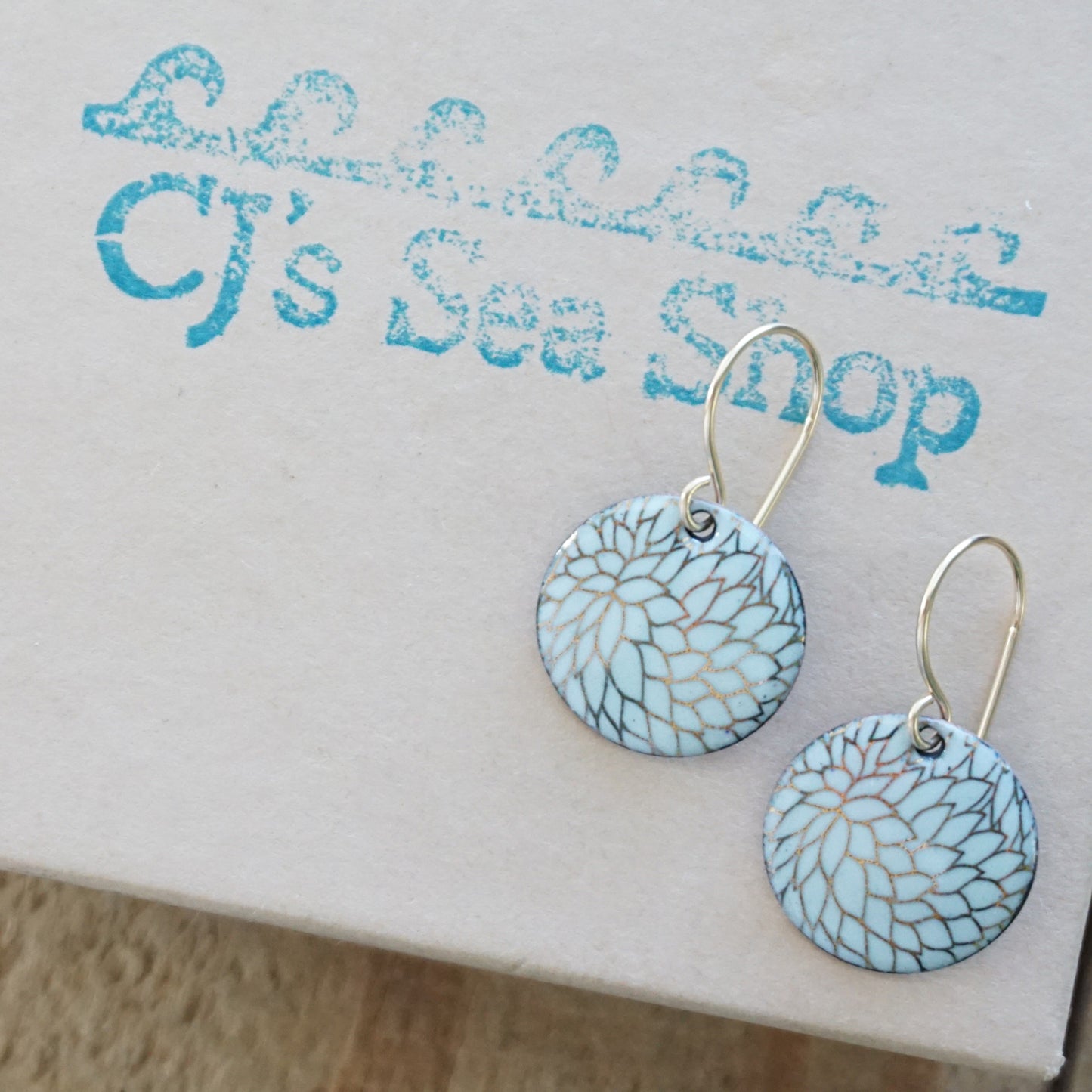 Gold Flower Accents on Light Seafoam Green Enamel Disc Earrings