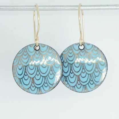 Gold Mermaid Scale Accents on Light Blue Enamel Earrings