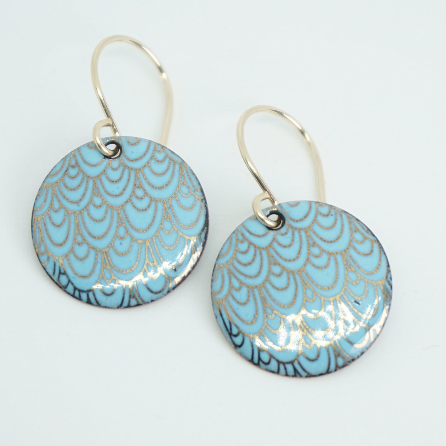 Gold Mermaid Scale Accents on Light Blue Enamel Earrings