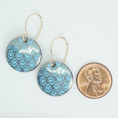 Gold Mermaid Scale Accents on Light Blue Enamel Earrings